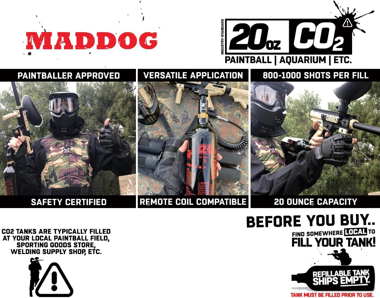 Maddog 20 Oz Refillable Aluminum CO2 Paintball Tank – Ships Empty – 5 Pack