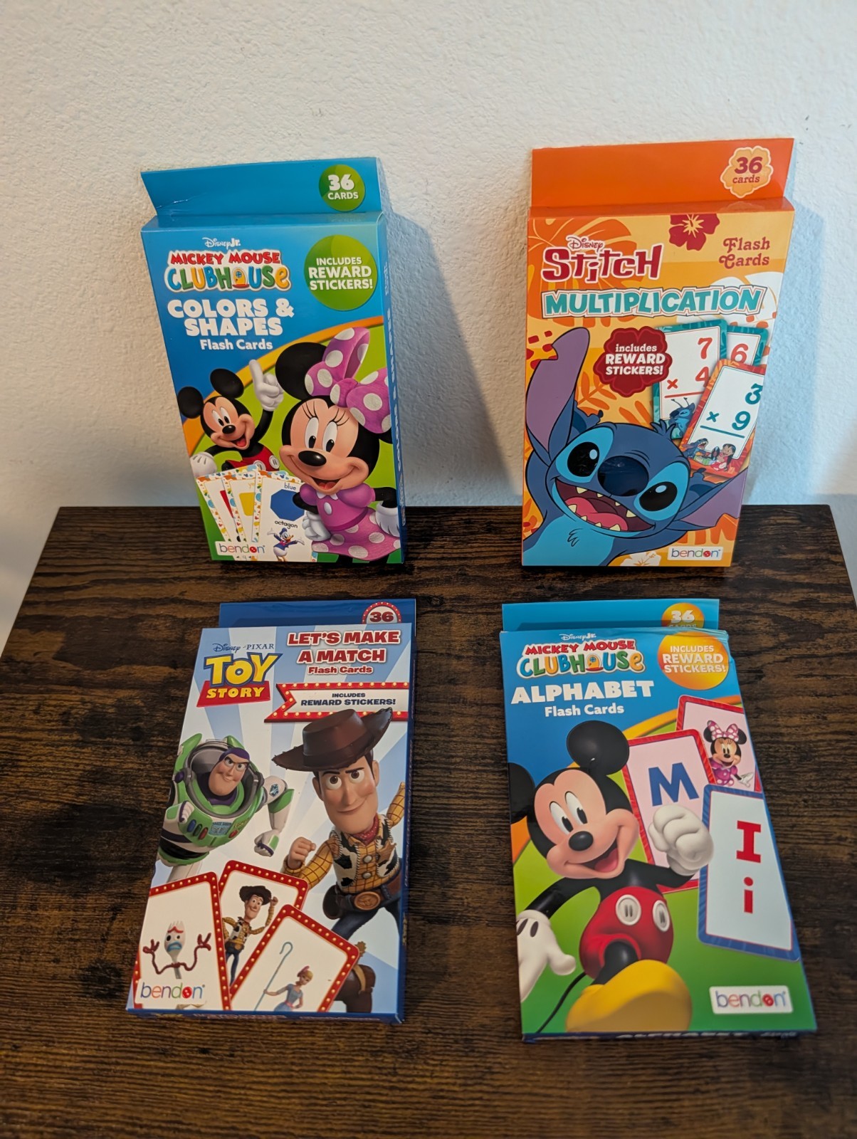 Bendon branded Disney flashcard decks, typically featuring 36 cards per box.