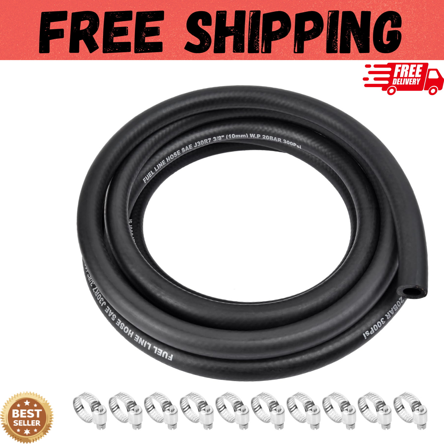 3/8 Inch Id Fuel Line Hose – 10ft Marine Grade Fuel Line with 10pcs Hose Clamps