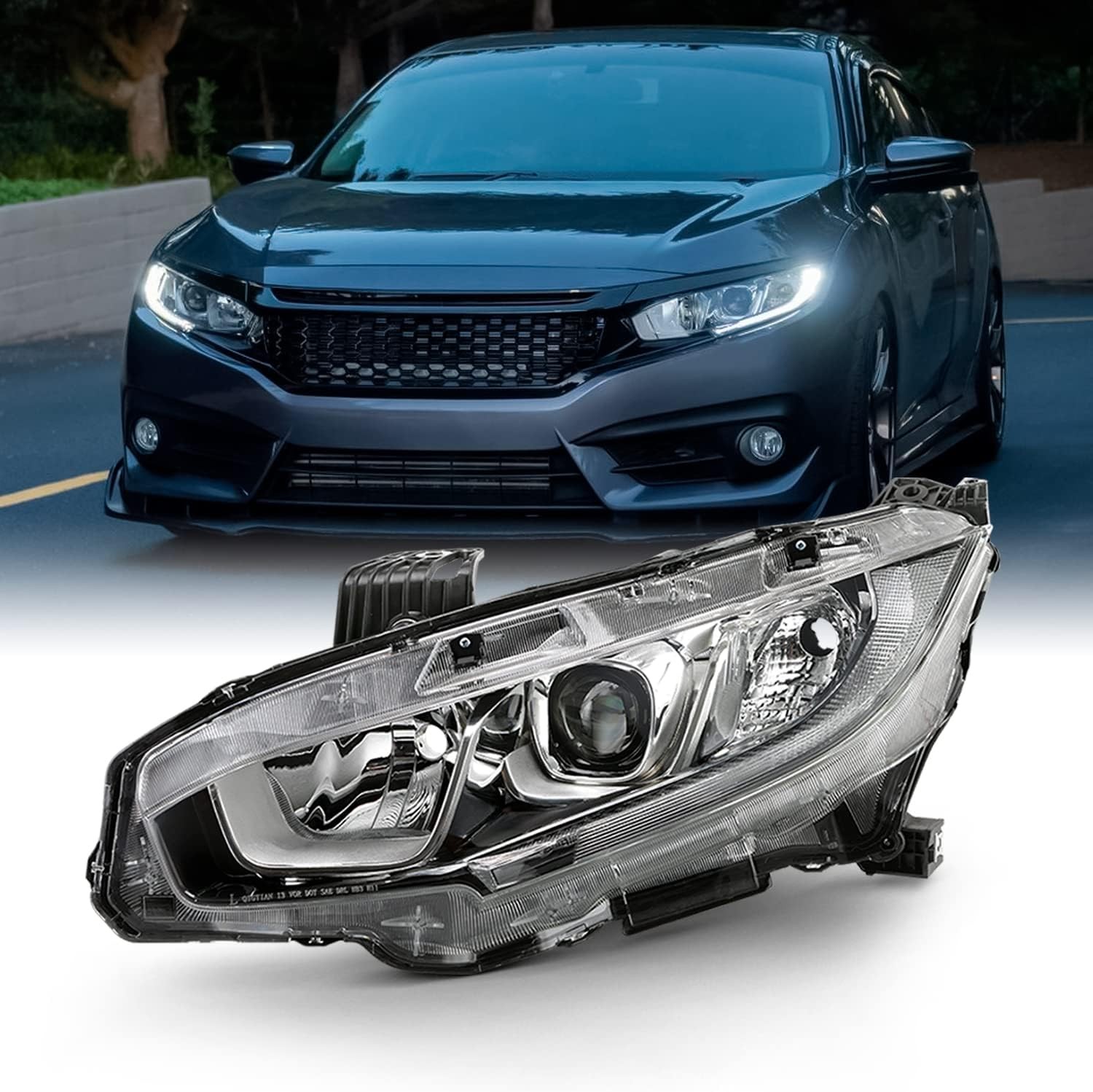 16-21 Honda Civic Halogen Headlights Chrome Housing Left Driver Factory-Type