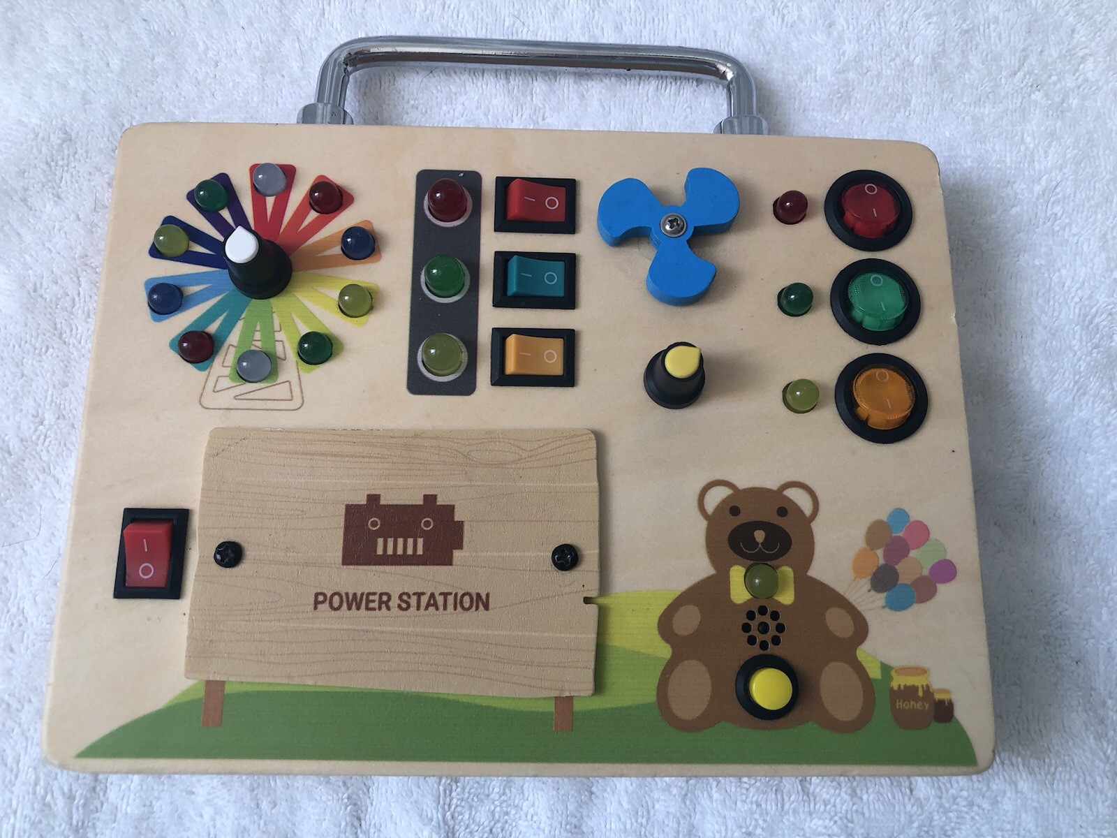 Wooden LED Busy Board 9”x6” Metal Handle Features Lights Buttons New Batteries