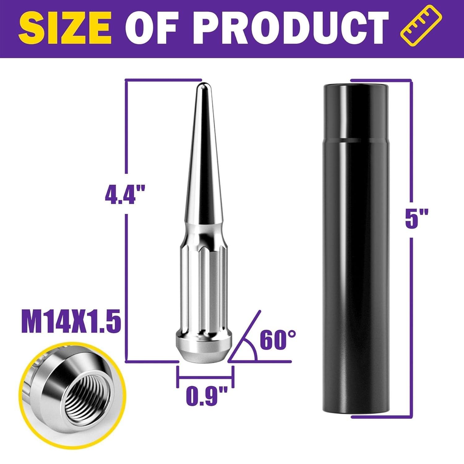 M14x1.5 Spike Lug Nuts 24 Pcs, Chrome Spiked Lug Nut with Spline Key for Chevy S