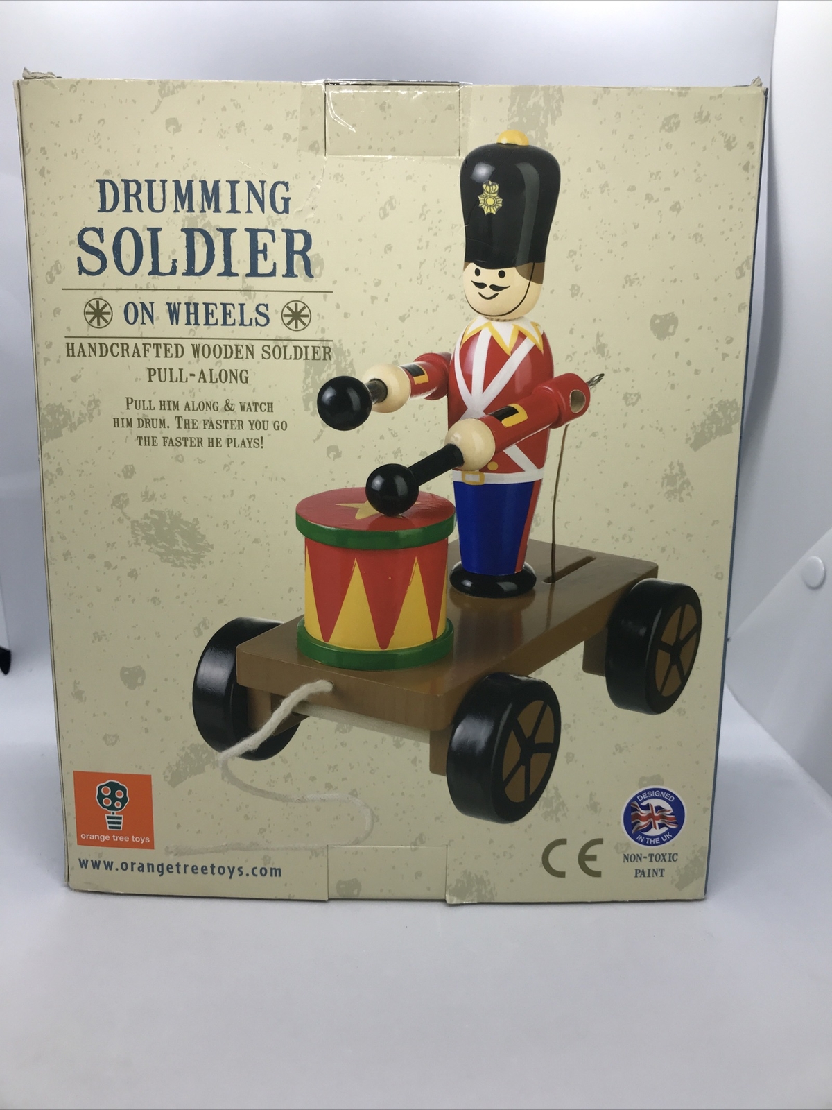 Drumming Soldier On Wheels Handcrafted Wooden Pull-Along Orange Tree Toys 3yrs +