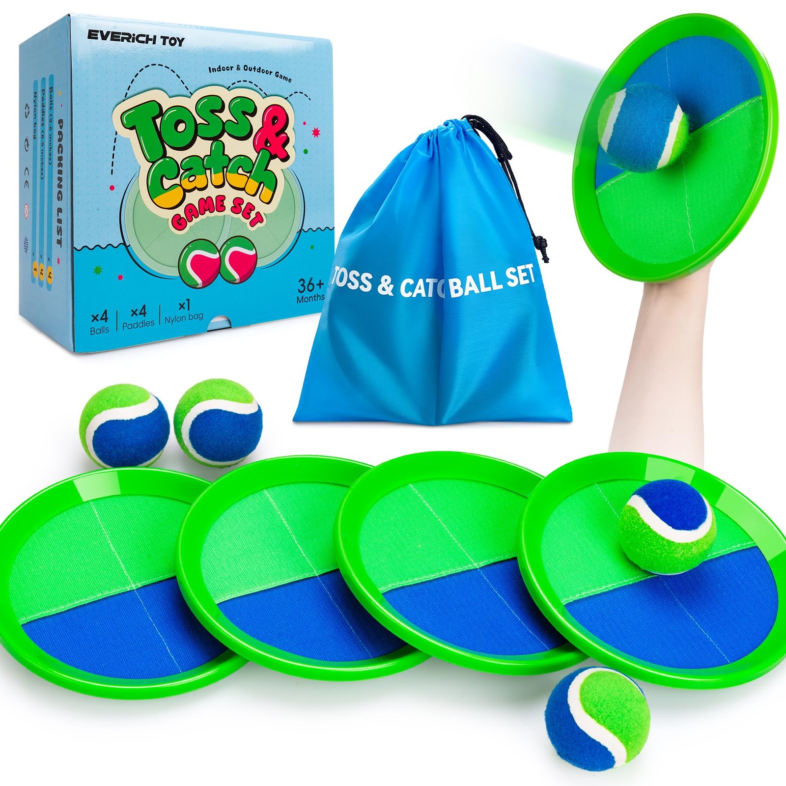 EVERICH TOY Upgraded Toss and Catch Ball Game 4 paddles 4 balls, Blue Green