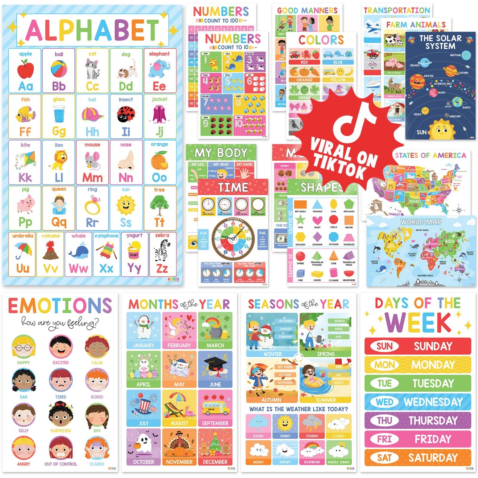 18 Laminated Educational Posters for Toddlers – Preschool Classroom Decor, Alpha