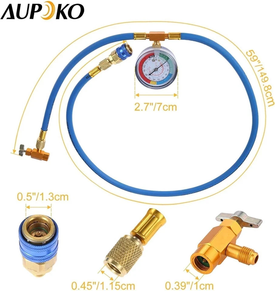 R134A Recharge Hose Kit with Gauge, 59” AC Refrigerant Recharging Hose