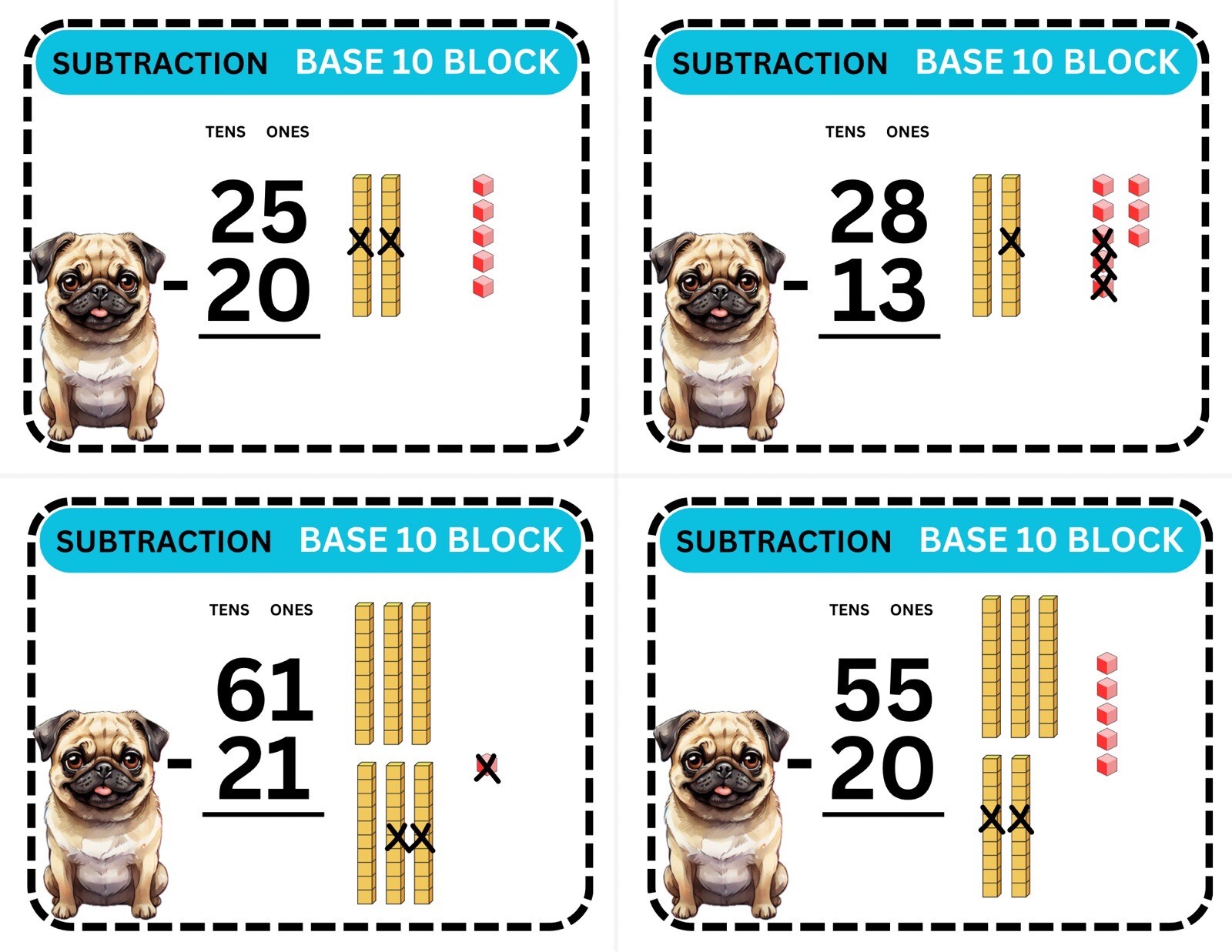 Math Bundle Custom Sets – Base10 – no Regrouping – Laminated Activity (3 Sets)