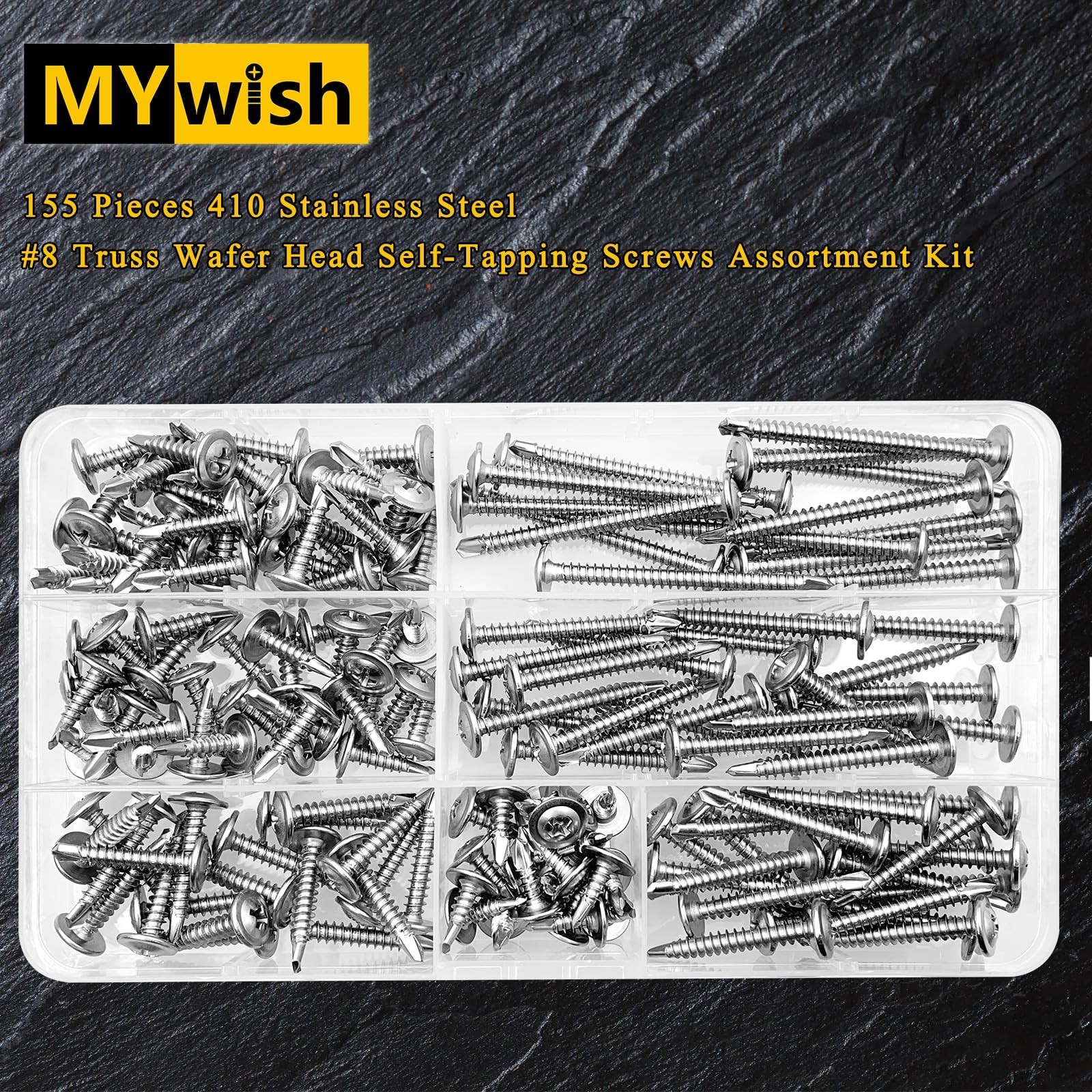 Mywish 155 Pieces #8×1/2, 5/8″, 3/4″, 1″, 1-1/4″, 1-1/2″, 2″ Self Tapping Scr…