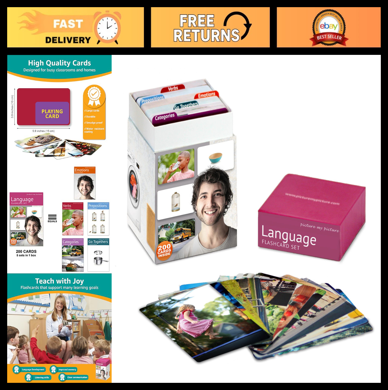 Language Flash Card Set – 200 Scratch-Resistant Cards for Speech Therapy, ESL, A