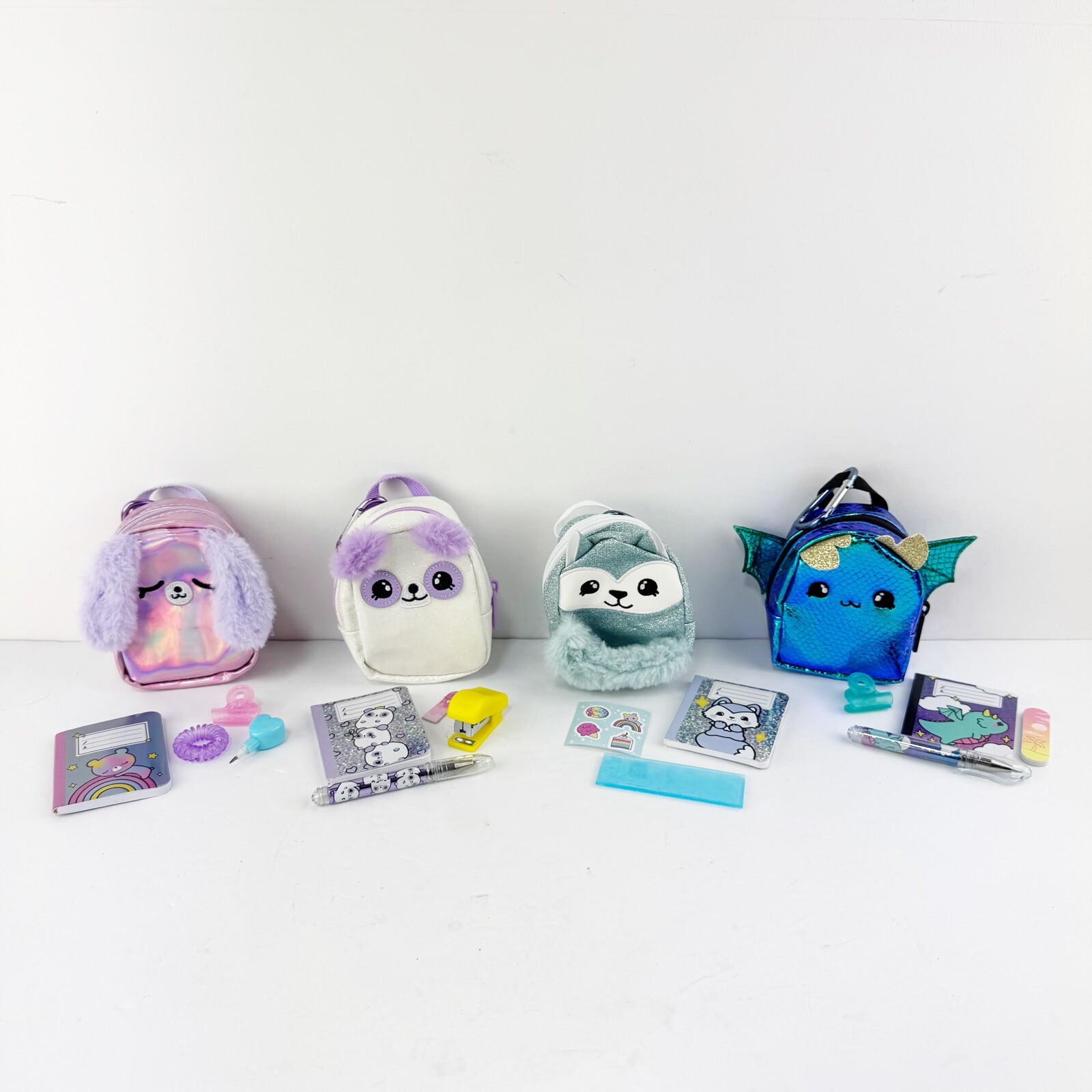 Lot of 4 Miniature Animal Backpack Clip Ons With Fun Accessories & Tools