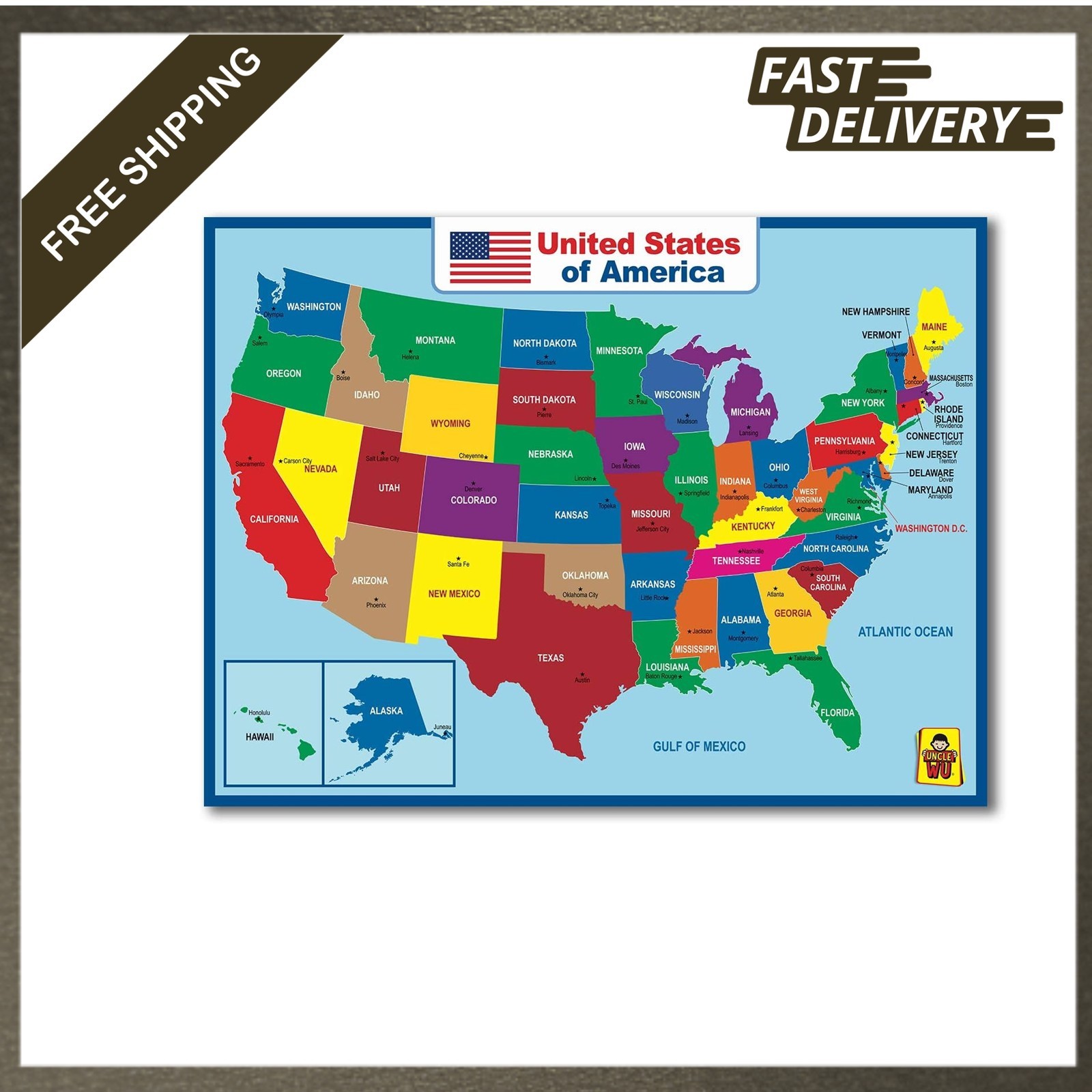 United States Map Educational Poster Dry Erase Laminated 17×23 Inch Waterproof