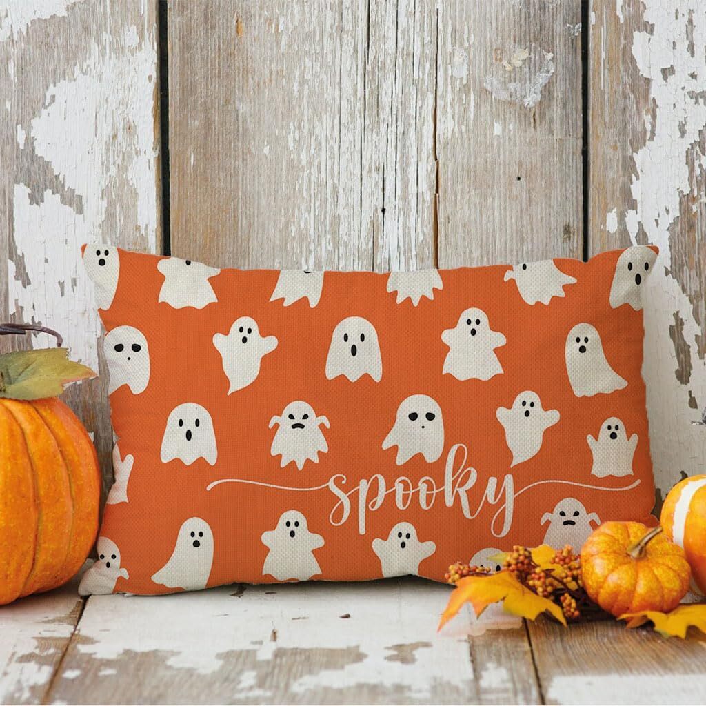 PANDICORN Cute Ghost Halloween Throw Pillow Cover 12×20 Spooky Orange Halloween