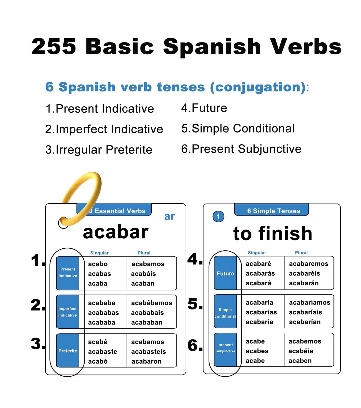 255 Essential Spanish Verbs Flash Cards Conjugation Flashcards (6 Simple Tenses)