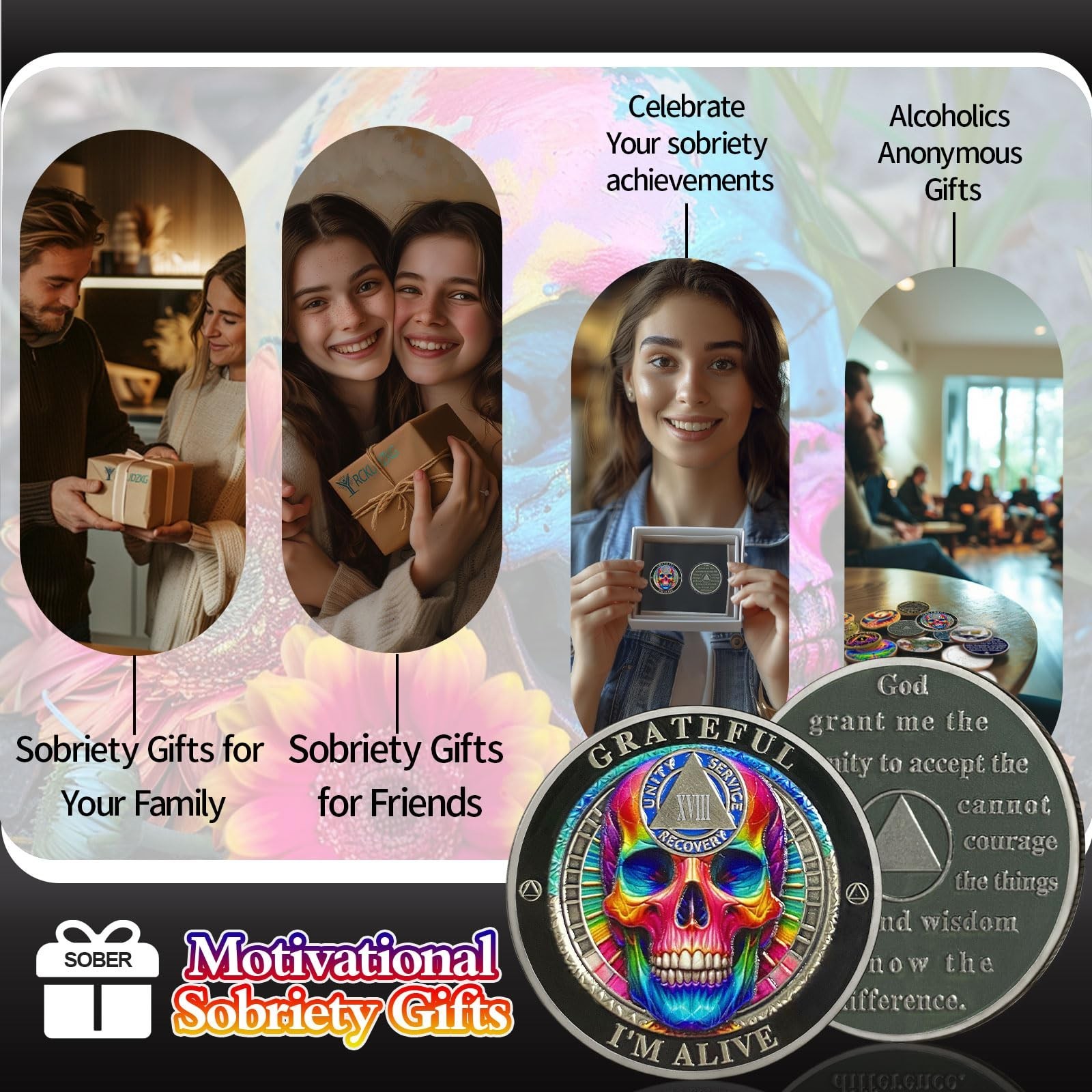 Rainbow Skull 18 Year Sobriety Coin, Grateful I’m Alive AA Coin – AA Chips an…