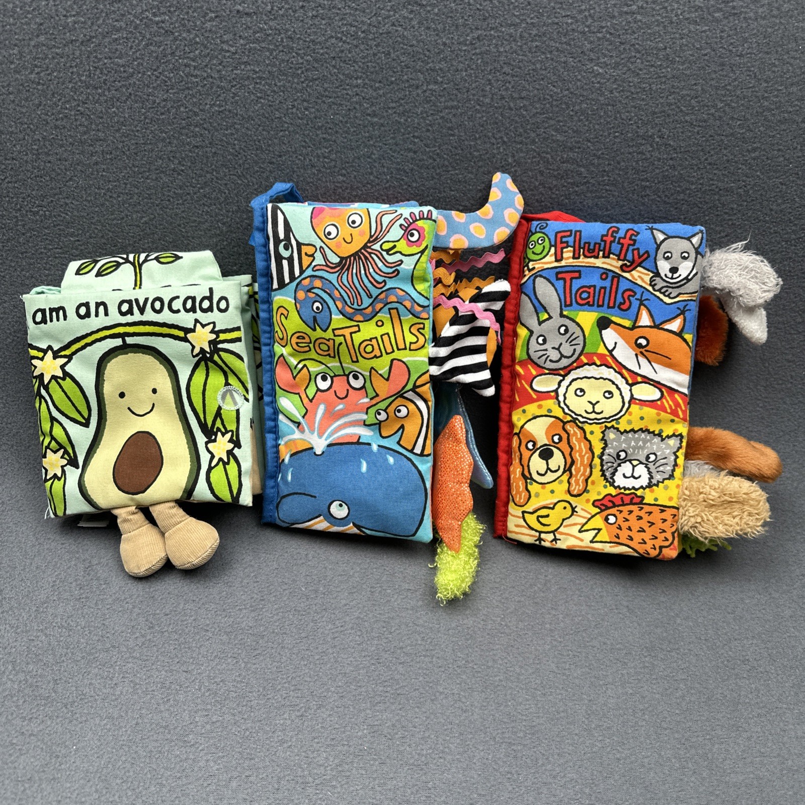 Jellycat Lot Of 3 Plush Books Fluffy Tails, Sea Tails, & I Am An Avocado