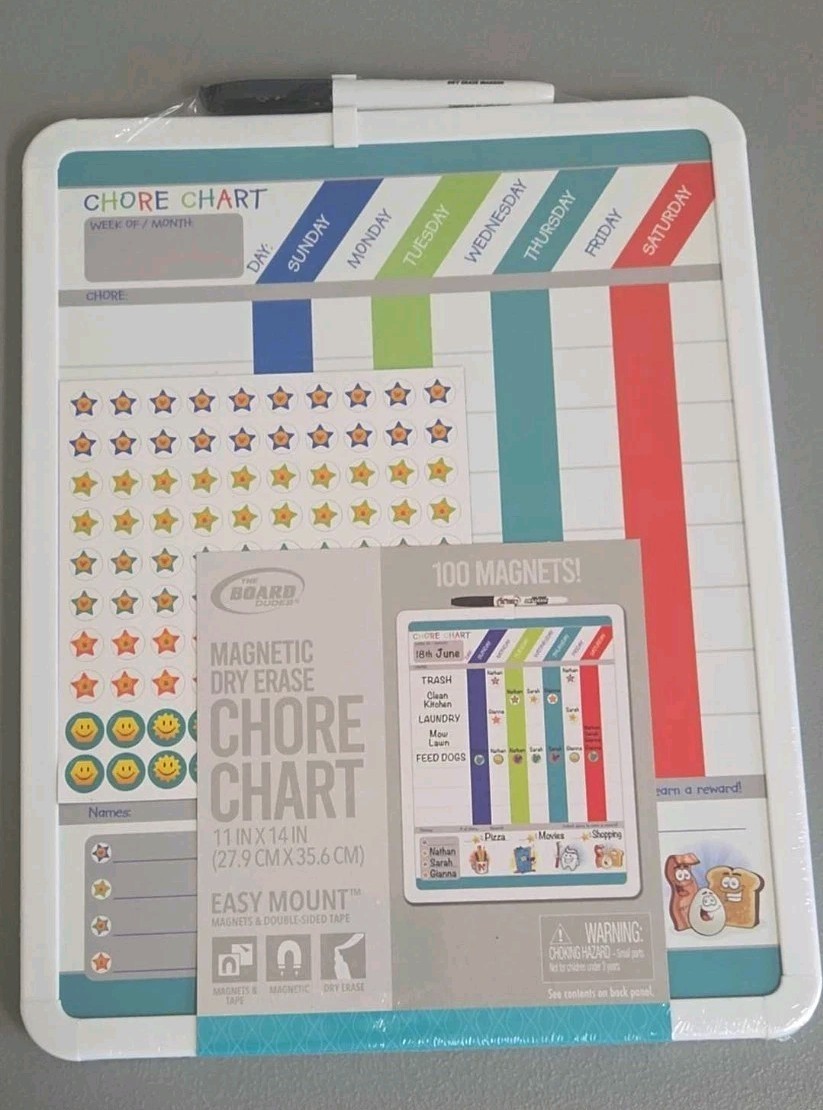 THE BOARD DUDES Magnetic Dry Erase Chore Chart, 11″ x 14″, 100 Magnets, NEW