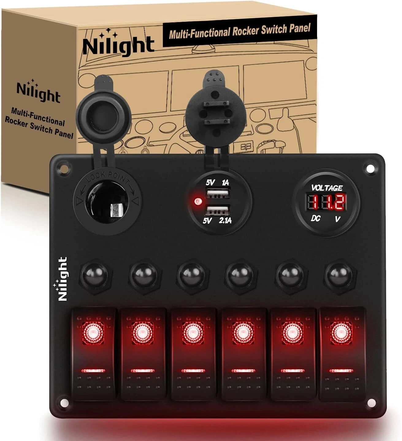 Nilight 6 Gang ON Off Rocker Switch Panel Red Backlit 12V 24V LED Digital
