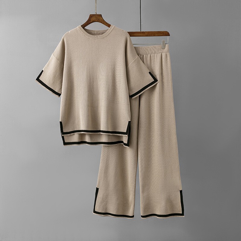 Short sleeved knit shirt+high waist slimming wide leg pants, two-piece set of pa