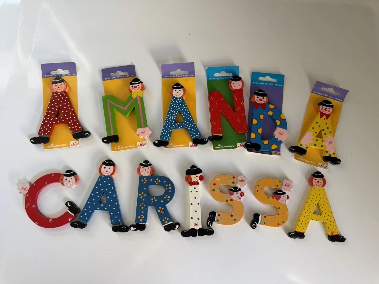 *Lot of 13 *Vintage *SEVI* Handpainted 3.5″ Wooden Clown Letters* Italy* NEW!*