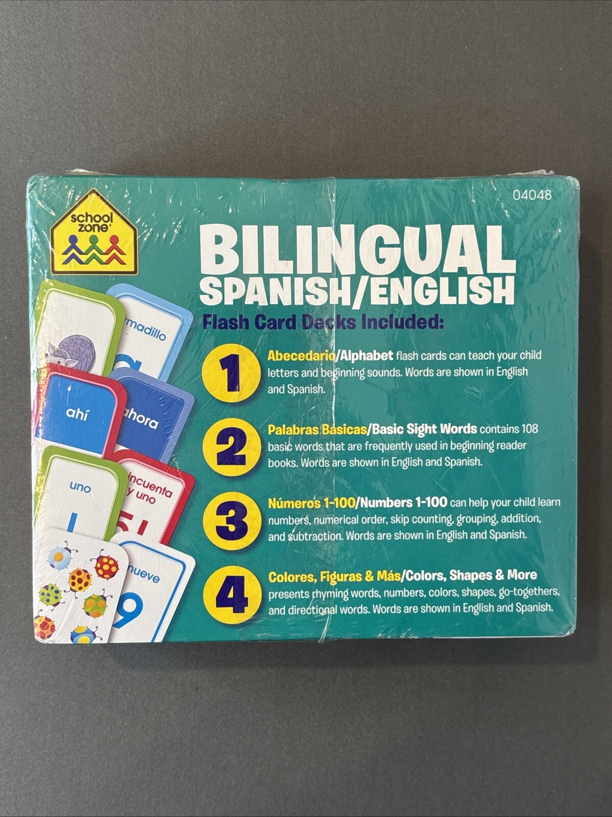 New & Sealed School Zone Bilingual Spanish/English Flash Cards 4 Pack Ages 4-Up