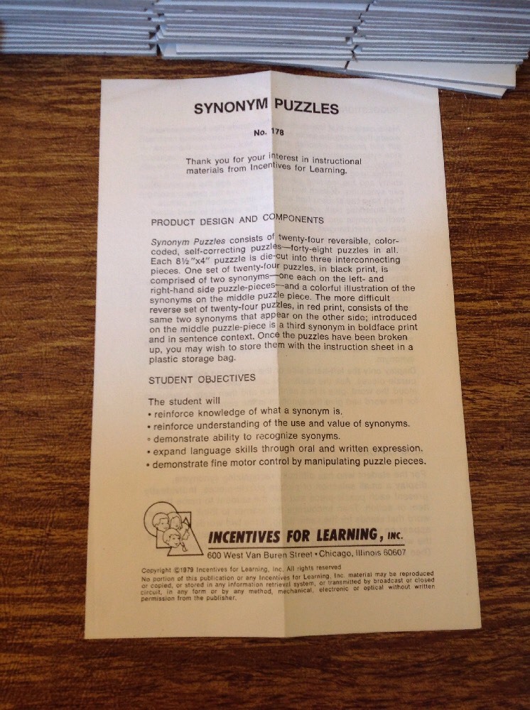 Incentives For Learning Box Set Of 48 Synonym Puzzles “Vintage 1979” No.178
