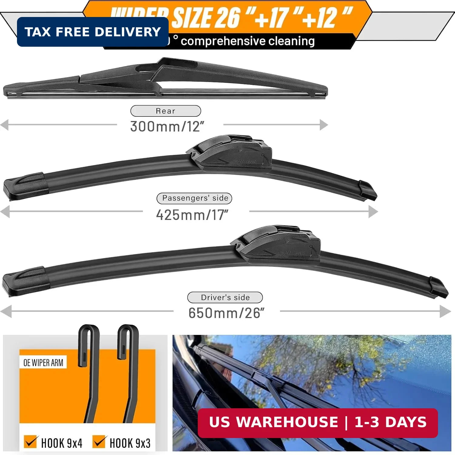AUTOBOO 26″+17″ Windshield Wipers with 12″ Rear Wiper Blade Replacement for Niss