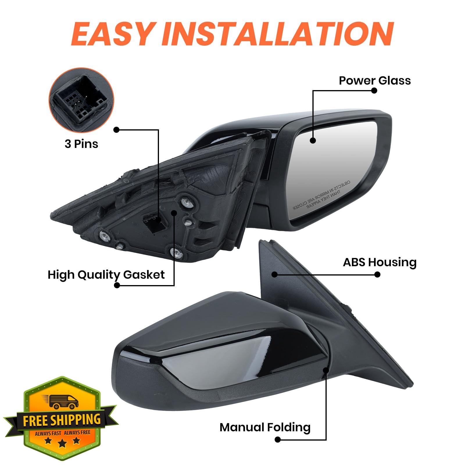 MOFOAP Passenger Mirror Chevy Malibu 2016-2022 Gloss Black Right