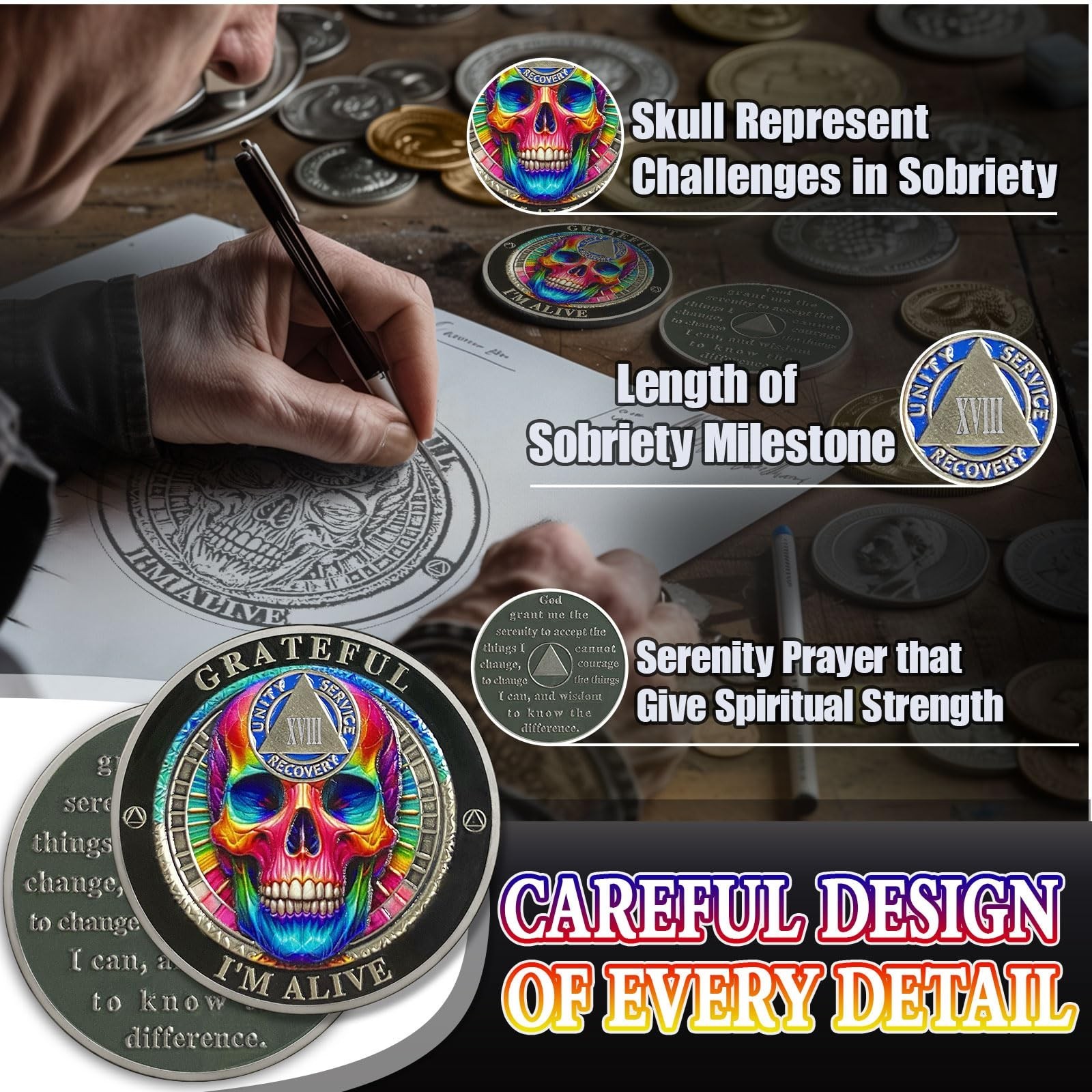 Rainbow Skull 18 Year Sobriety Coin, Grateful I’m Alive AA Coin – AA Chips an…