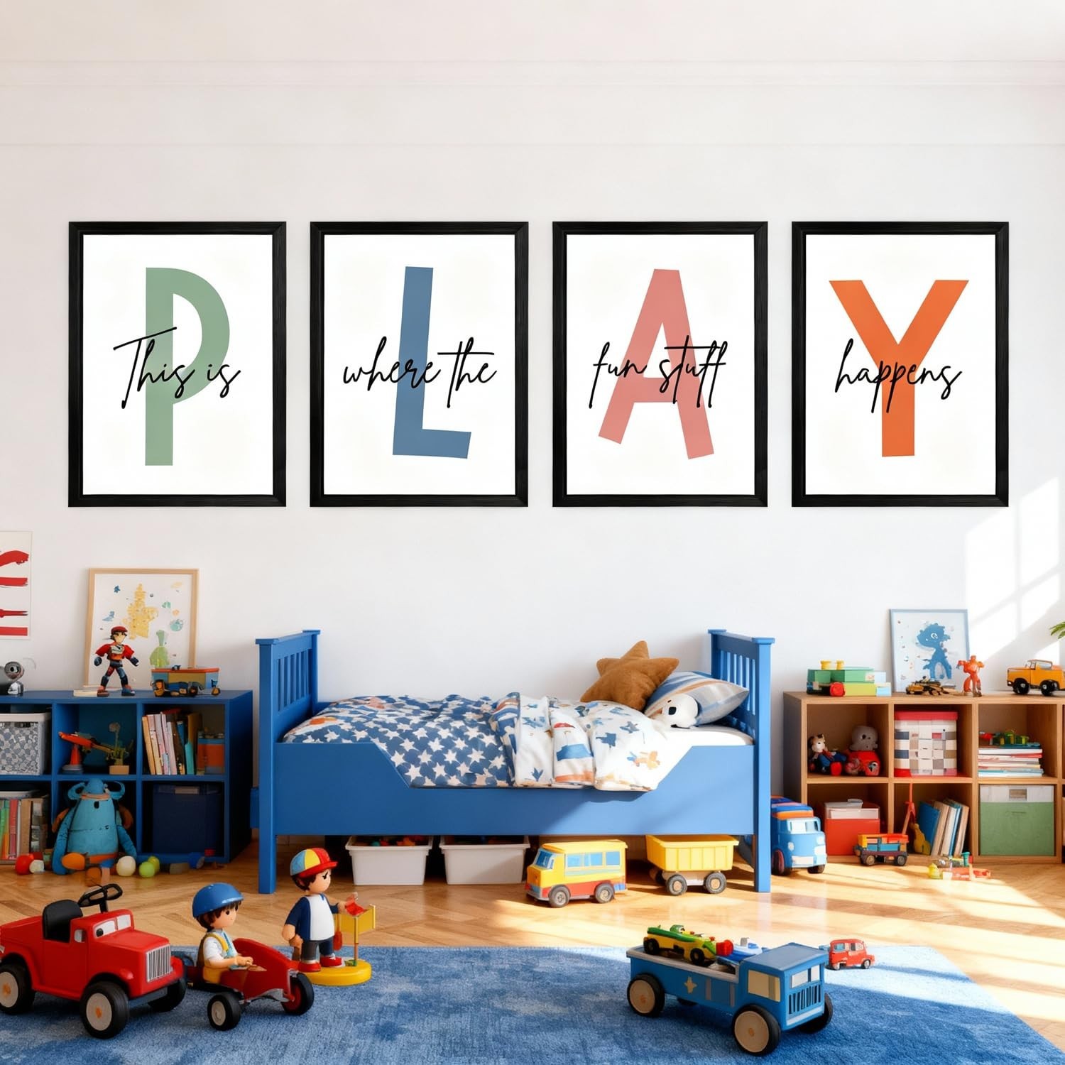 Cute Alphabet Play Framed Wall Art Set of 3, Natural Educational Alphabet Woo…