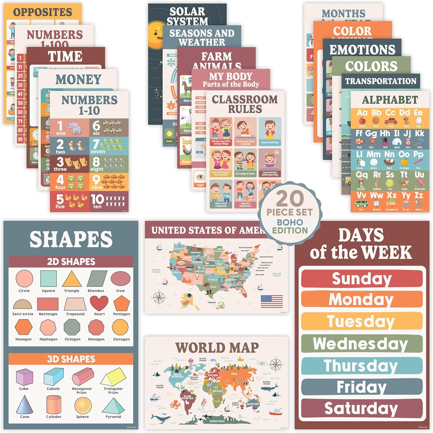 20 Boho Learning Posters for Kids Ages 3-5, 11X17In Educational Matte-Laminated