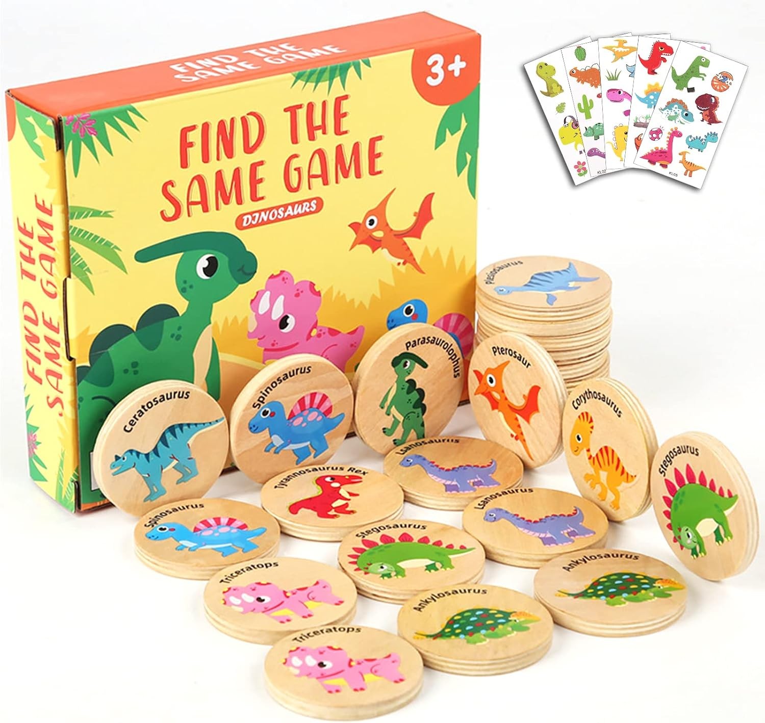 Wooden Match Memory Game for Kids 24 Pc Matching Cards Dinosaur Theme