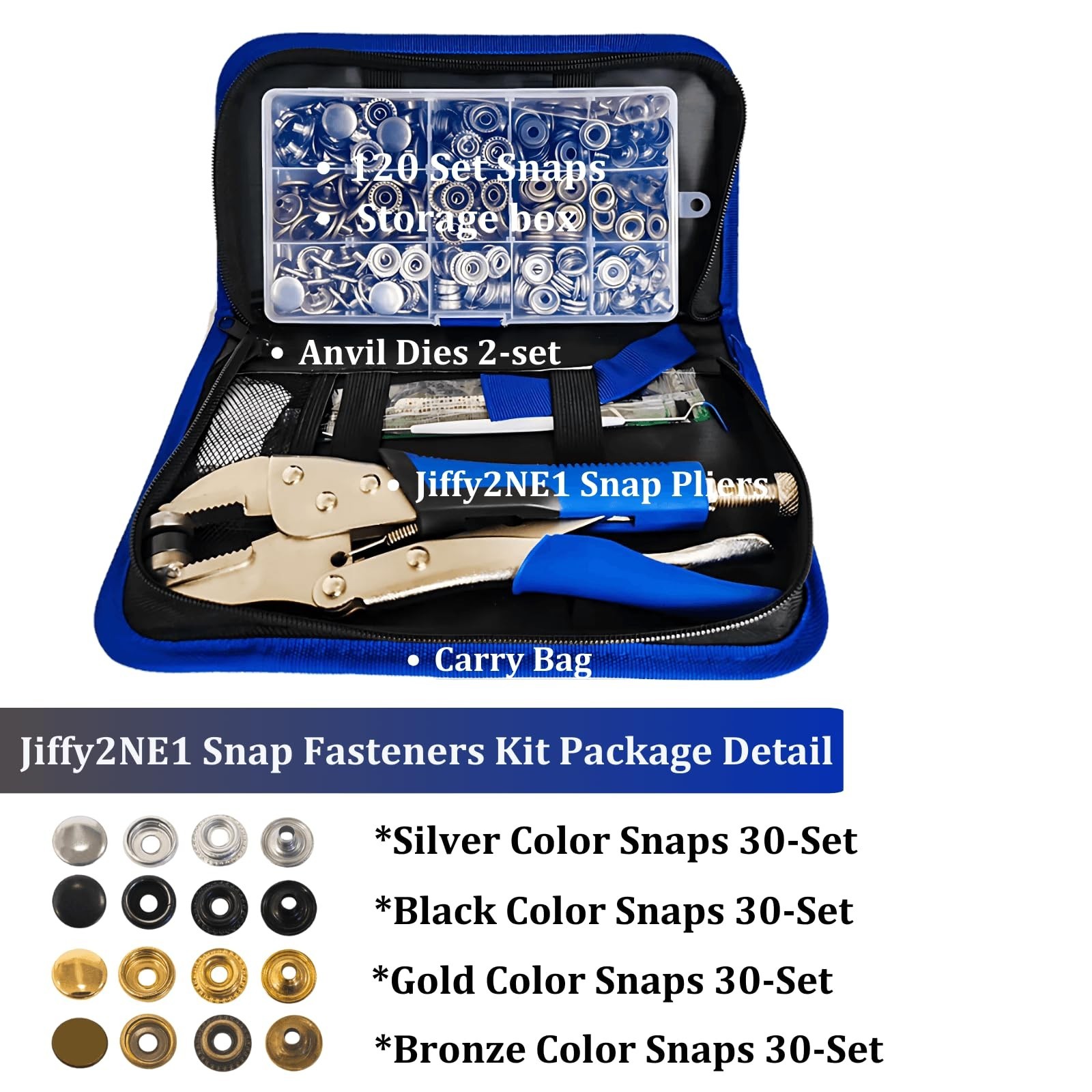 Jiffy2NE1 Snap Button Kit, with 120-Set 15mm Metal Press Stud Button in 4 Col…