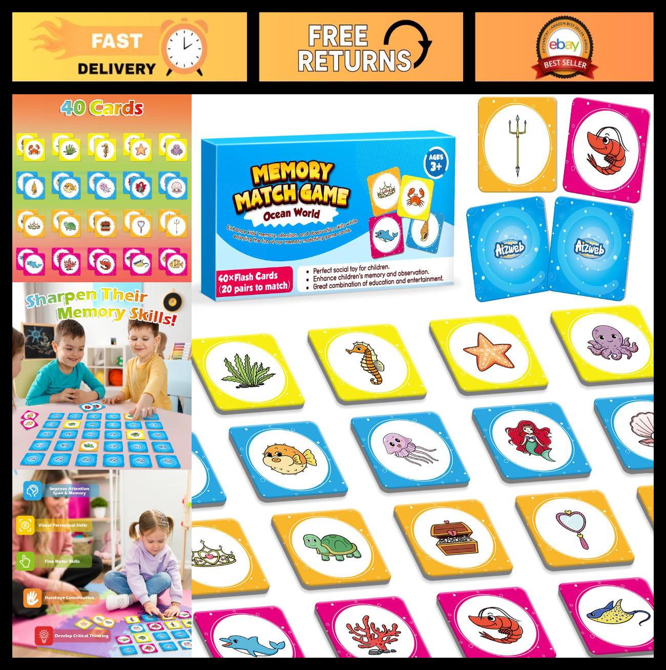 Memory Match Game – 40 Pcs Toddler Card Set for Kids Ages 3-6, Educational Flash
