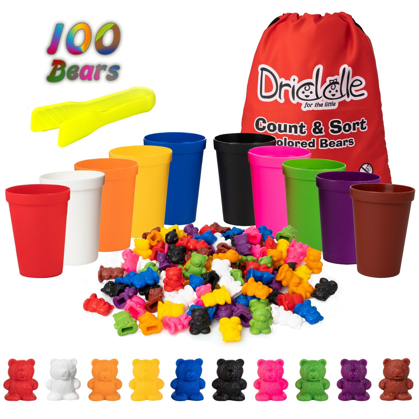 100 Colorful Counting Bears With Matching Cups 10 Colors With tongs toddler lear