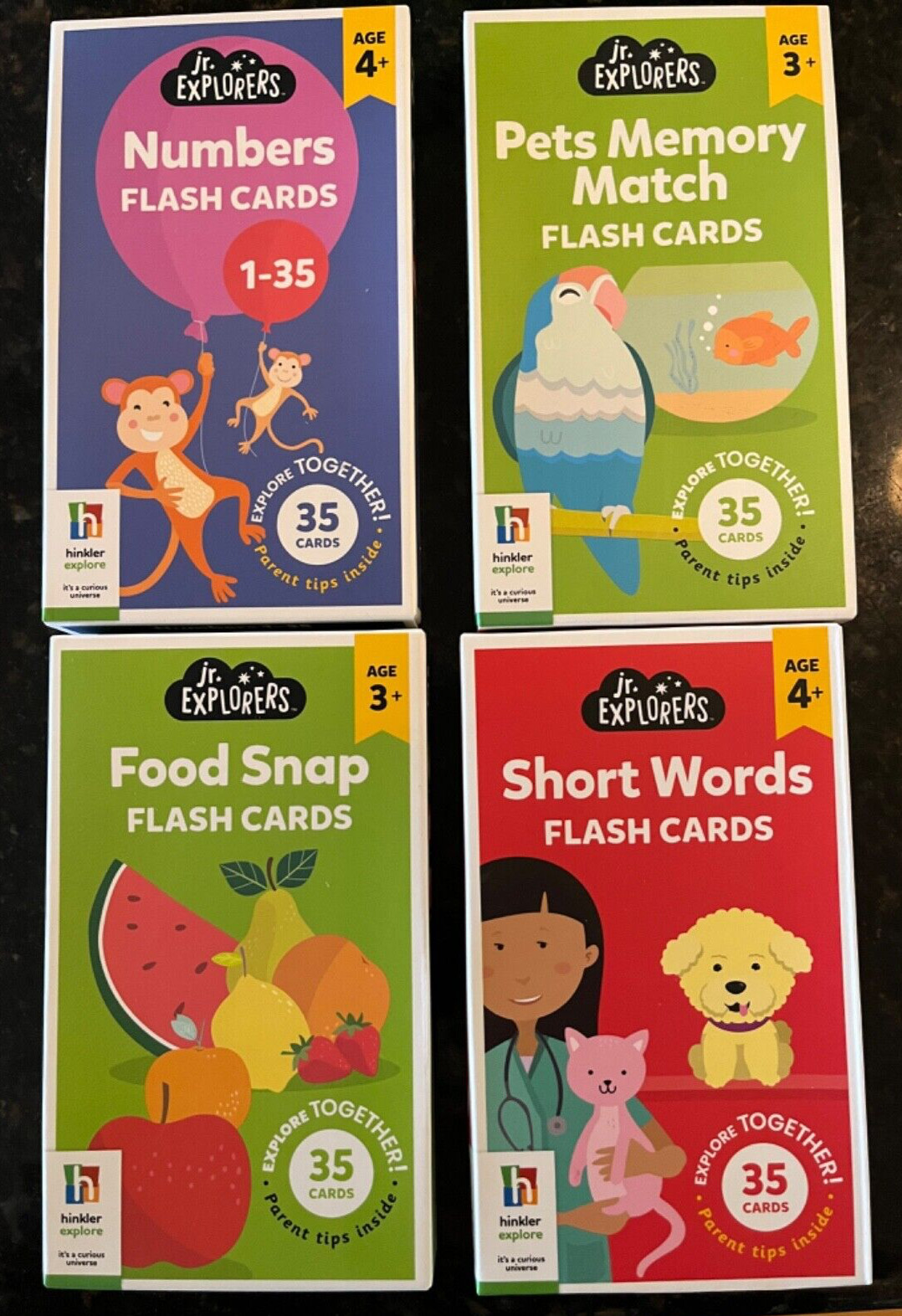 4 -Hinkler jr. Explorers Flash Cards- Numbers, Pets Memory, Short Words, Food