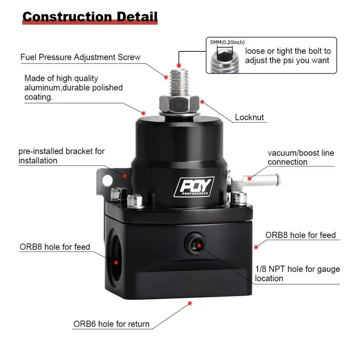 Adjustable Fuel Pressure Regulator Kit 3-60PSI with AN8 Feed Port and AN6 Return