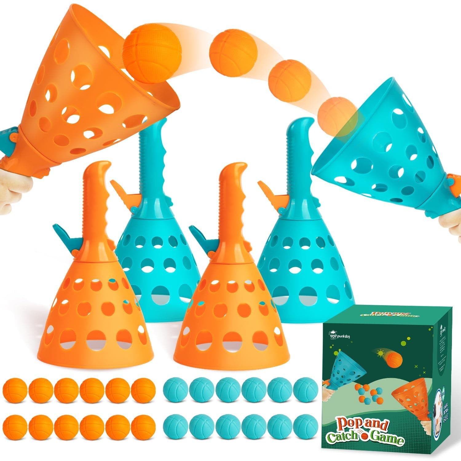 punkdog Pop and Catch Ball Game with 24 Balls 4 Medium, Orange, Blue