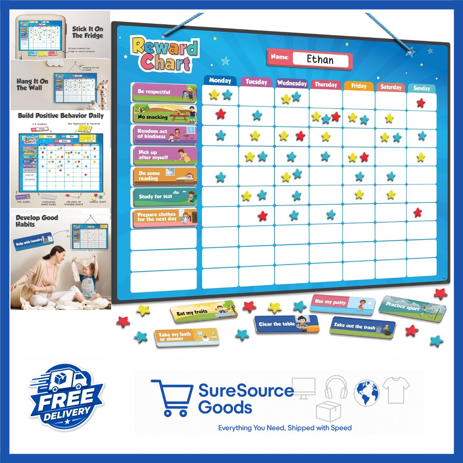 Interactive Chore Chart for Kids 3-9 with Customizable Tasks & 3D Stars