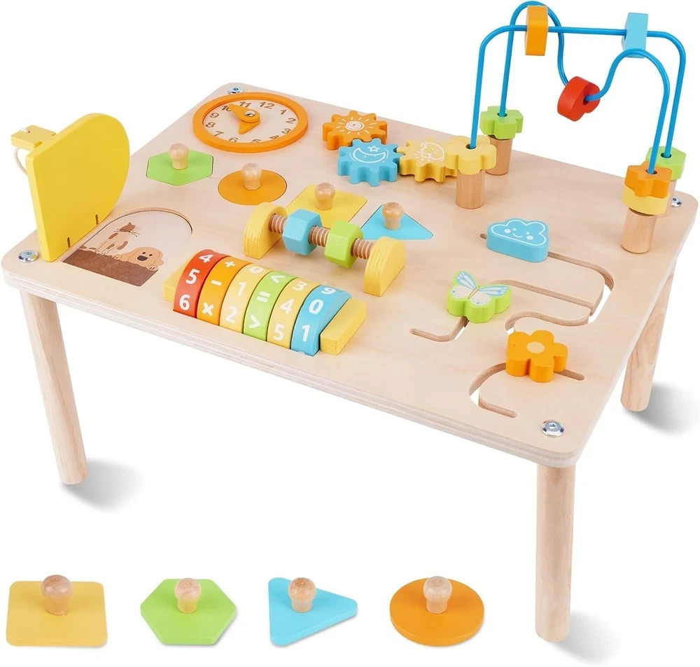 Activity Table for 1 2 Year Old, 8 in 1 Wooden Montessori Activity Center Toys