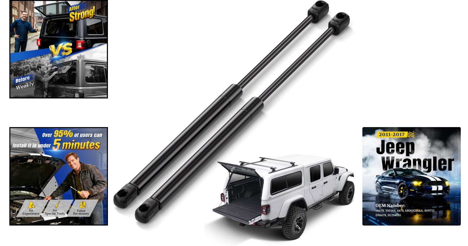 Rear Window Struts for Jeep Wrangler 2011-2017, 2018, Black Metal, 19.68″