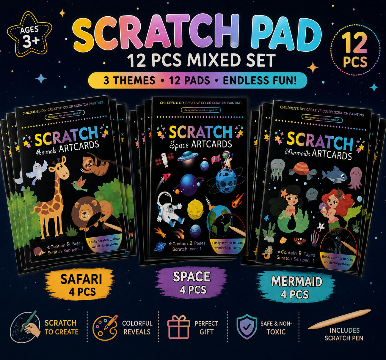 Kids Scratch Art Cards 12 Pack Rainbow Scratch Paper Space Safari Mermaid Set