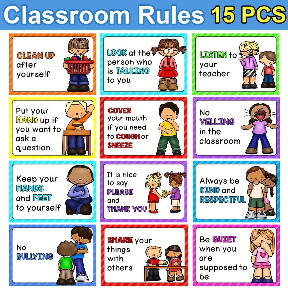 Zwttey 15 Pcs A4 Size Classroom Rules Educational Posters for Preschool, Homesho