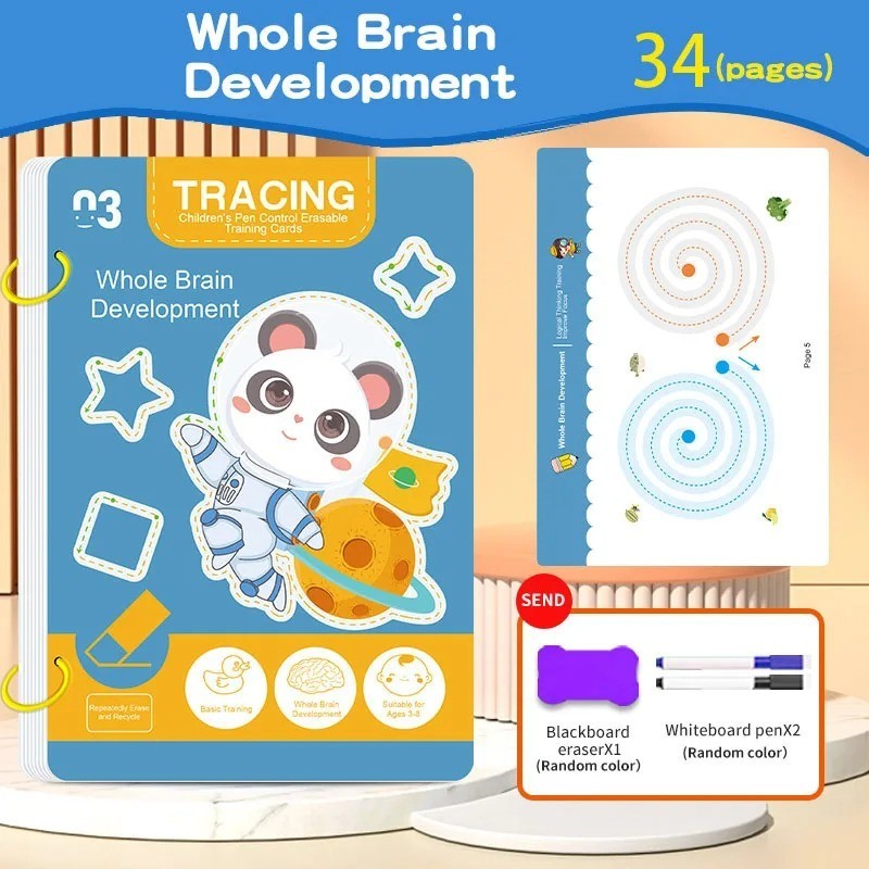 34-Page Kids Reusable Workbook Set with Erasable Pen Early Writing Learning
