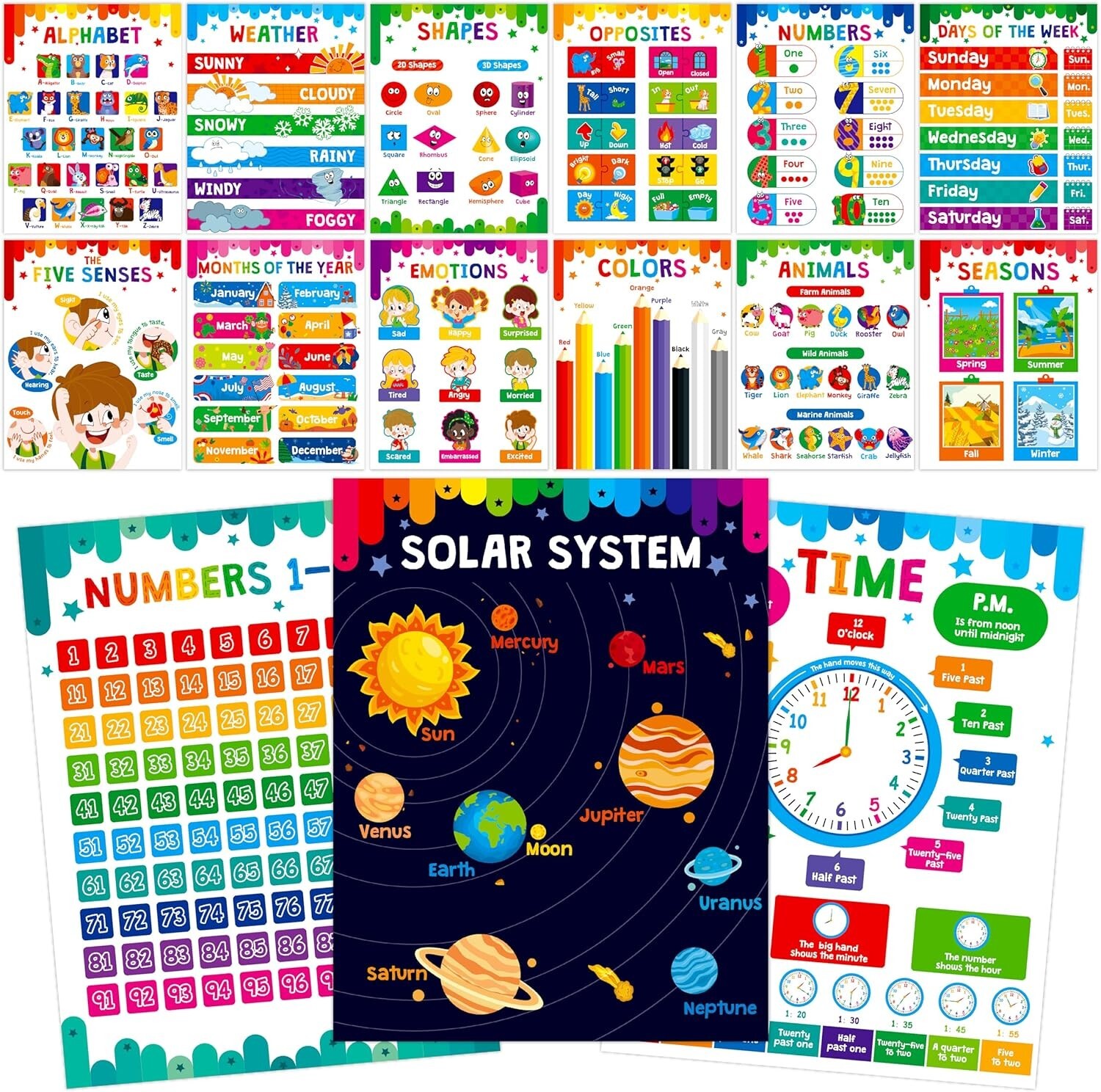 Educational Preschool Posters for Kids Toddlers, Laminated Early Learning Charts