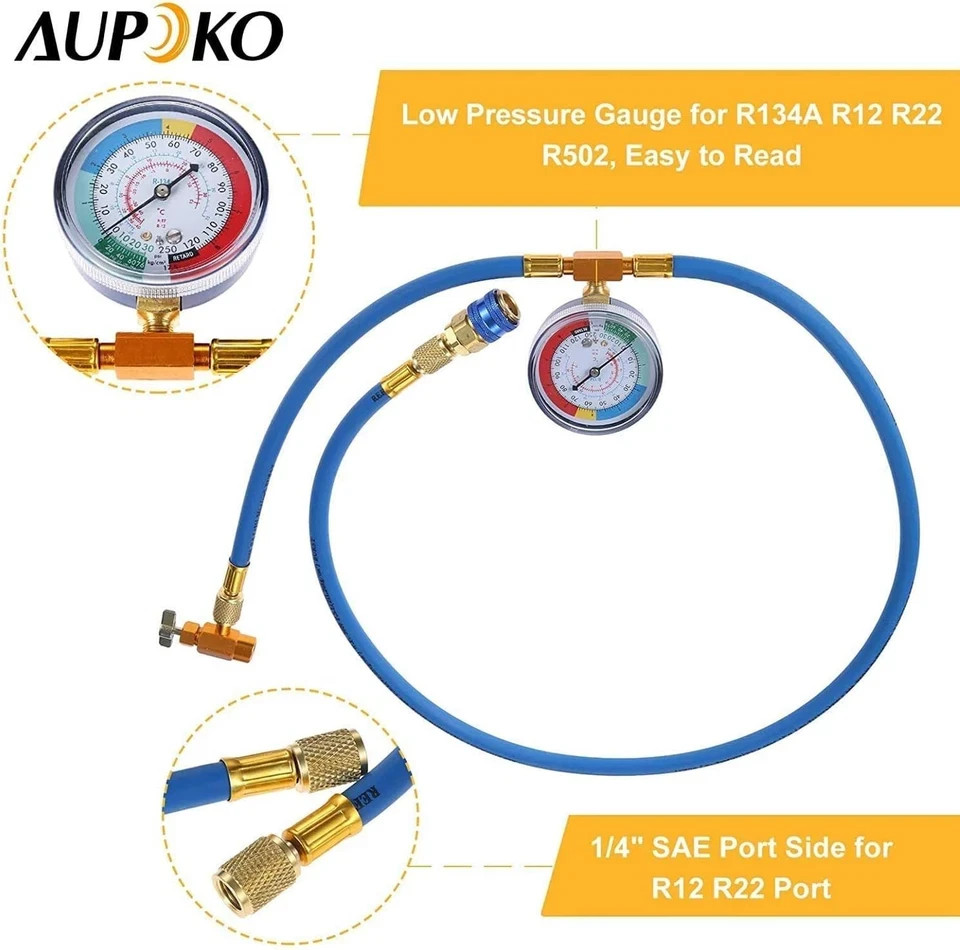R134A Recharge Hose Kit with Gauge, 59” AC Refrigerant Recharging Hose