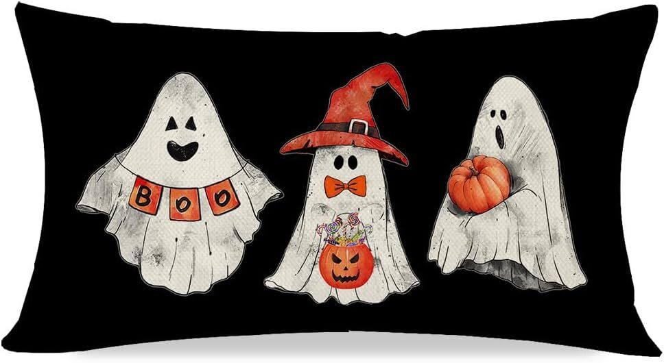 PANDICORN Ghost Halloween Pillow Cover 12×20 Orange Jack O Lantern Pumpkin Witch