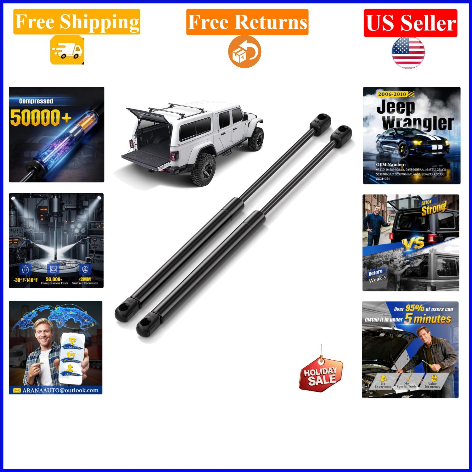 Rear Window Struts for Jeep Wrangler 2007-2010, Black, Carbon Steel, 2 Pcs