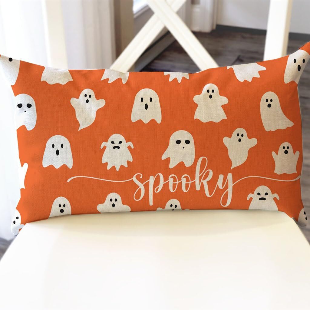 PANDICORN Cute Ghost Halloween Throw Pillow Cover 12×20 Spooky Orange Halloween