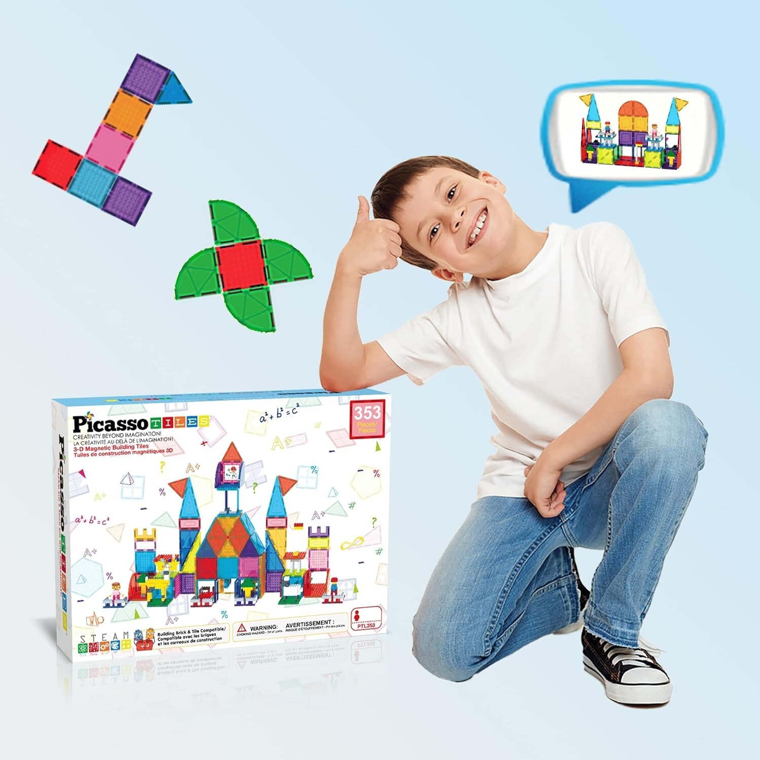 Picasso Tiles 353pc 3D Magnetic Brick & Magnet Tile Combo Set w/ Action Figures