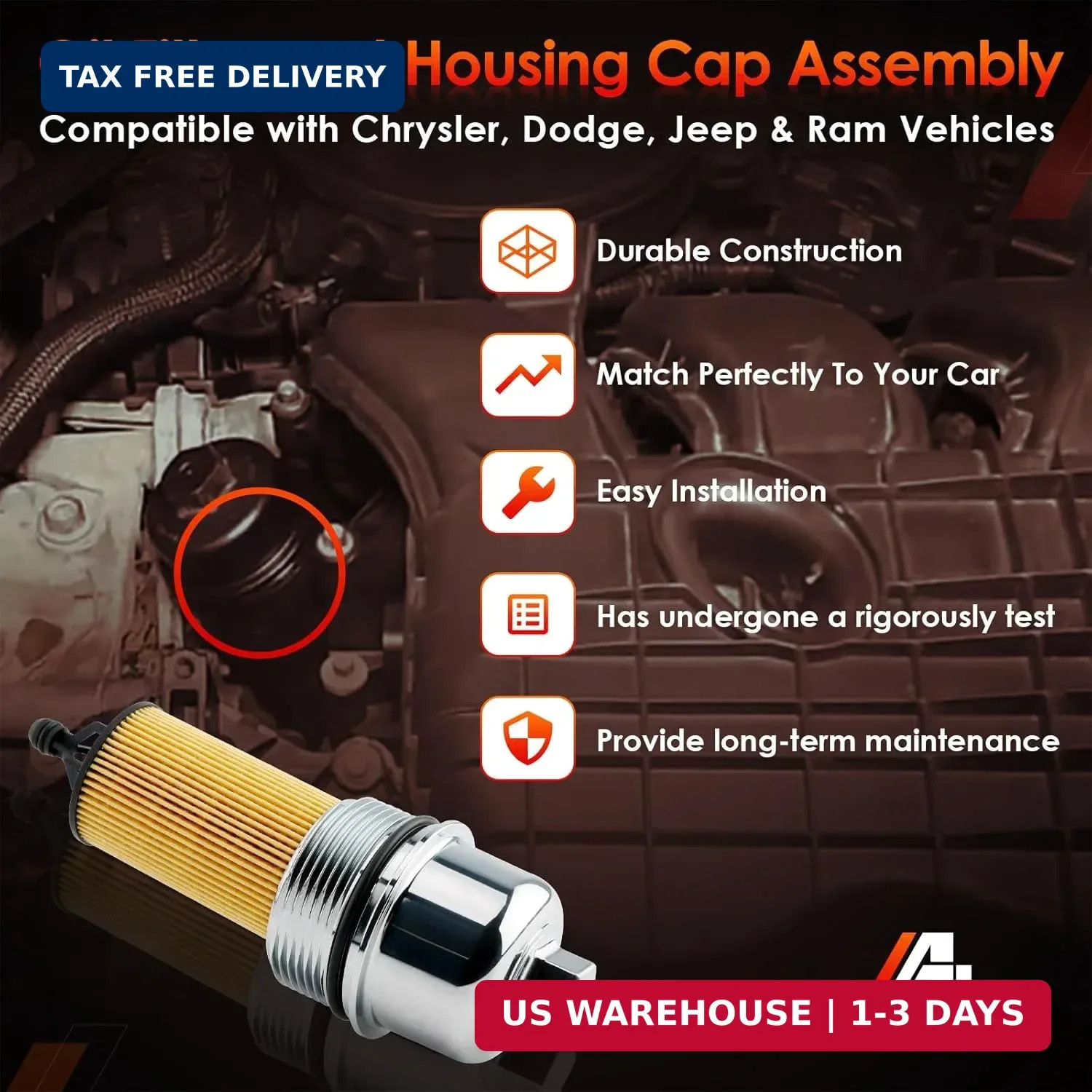 Aluminum Oil Filter Housing Cap & Oil Filter Assembly, Compatible With 2014-2023